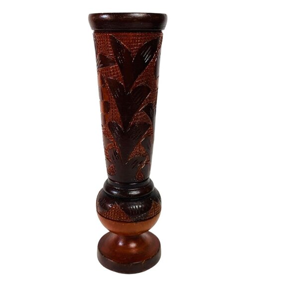 Carved Wooden Decorative Vases Rustic Floral Pineapple Checkered Boho Footed VTG - Picture 3 of 14